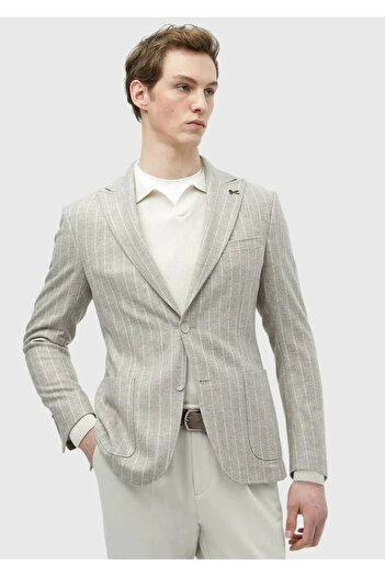 Ramsey Beige Striped Zeroweight Slim Fit Wool Blend Jacket