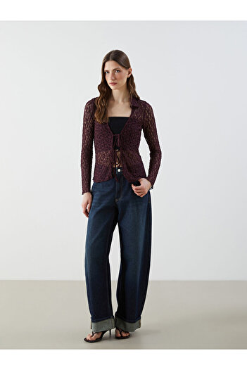 LC Waikiki Plum Polo Collar Lace Women's Cardigan
