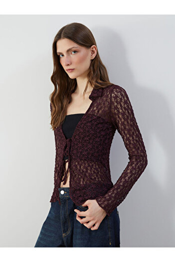 LC Waikiki Plum Polo Collar Lace Women's Cardigan