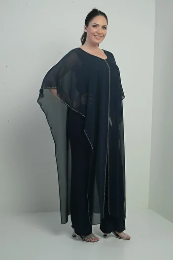 By Saygı Women's Chiffon Stone Detail Cape Wide Leg Lycra Plus Size Jumpsuit