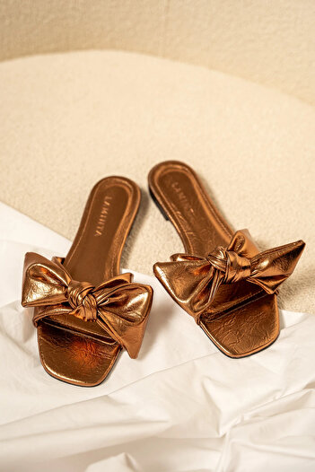 LAMİNTA Pony Copper Bow Women's Slippers