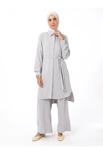 Refka Tie Detailed Trousers Tunic Double Set - Gray - Refka