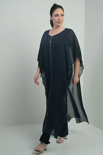 By Saygı Women's Chiffon Stone Detail Cape Wide Leg Lycra Plus Size Jumpsuit