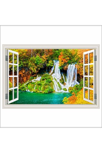 media Self-adhesive photo wallpaper Window Waterfall, autumn, forest, 135 x 90 cm