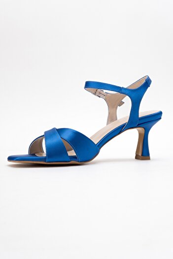 LuviShoes MELİN Sax Mavi Saten Çapraz Bantlı Kadın Topuklu Ayakkabı
