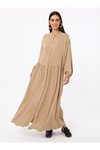 Benin Linen Blended Gathered Hijab Dress - Camel - Benin