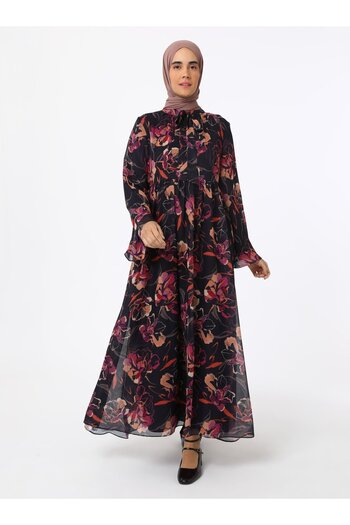 Refka Floral Patterned Chiffon Hijab Dress - Black - Pink Patterned - Refka