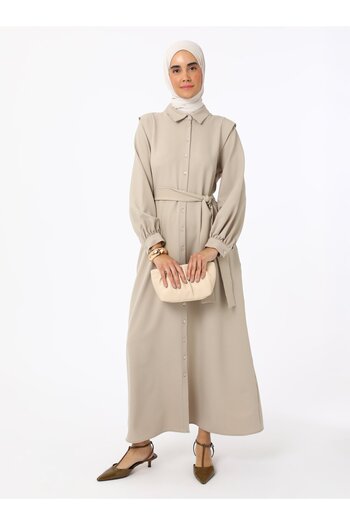 Refka Crepe Fabric Hijab Dress with Tie Detail - Mink - Refka