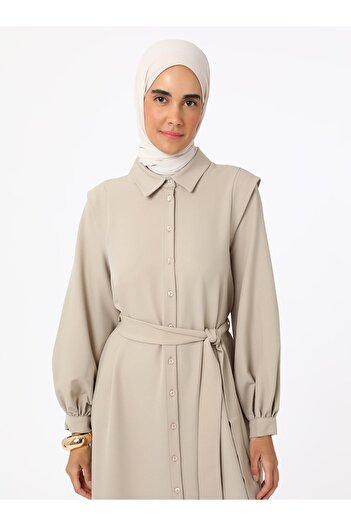 Refka Crepe Fabric Hijab Dress with Tie Detail - Mink - Refka