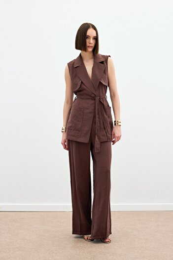 Sateen Belted Long Vest - Brown