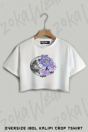 ZOKAWEAR Moon Abloom Printed Lavendar and Periwinkle Printed Oversize Crop T-Shirt