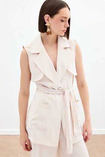 Sateen Belted Long Vest - Stone