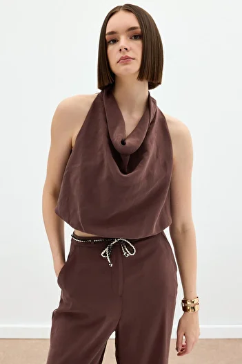 Sateen Degaje Collar Blouse - Brown