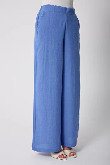 AMİDA Women's Blue Muslin Linen High Waist Palazzo Trousers - 2522