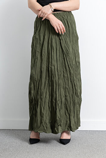 TUĞBA ERGÜL Women's Elastic Waist Wrinkled Maxi Length Crinkle Skirt