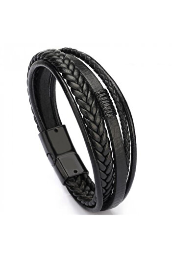 OEM Men's Bracelet in Natural Leather with Multiple Strands, Magnetic Clasp, Black Color