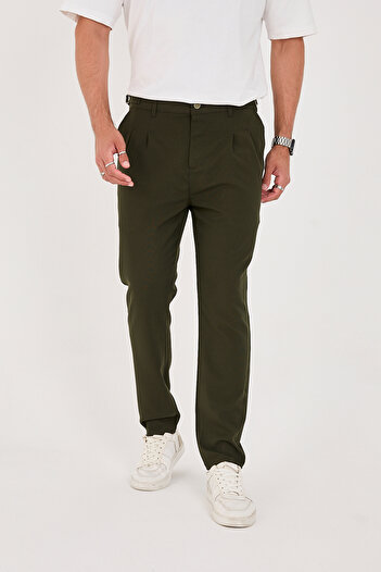 BROCARD Men's Buckle Belt Italian Cut Boyfriend Fit Casual Khaki Fabric Pants