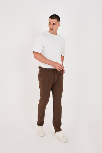 BROCARD Men's Brown Italian Cut Boyfriend Fit Casual Summer Fabric Trousers with Buckle Belt