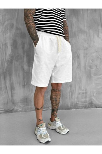 ablukaonline Men's Elastic Waist Linen Look Baggy Shorts Ecru