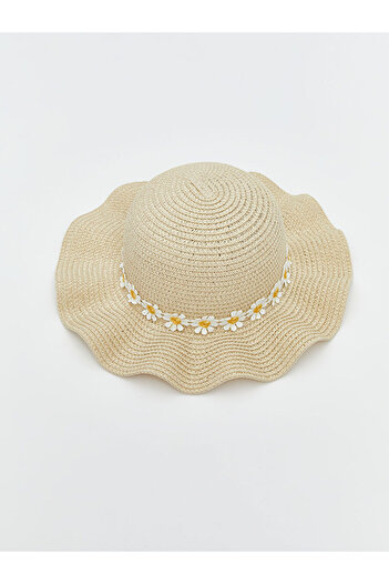 LC Waikiki Beige Floral Patterned Straw Girl's Hat