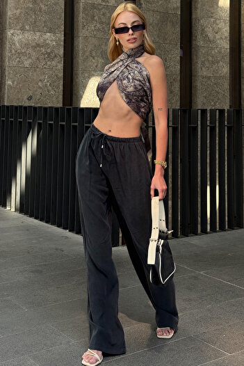 VAGGON Women's Anthracite Elastic Waist Palazzo Linen Trousers V00047-A