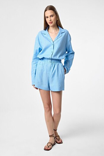 Antioch Blue Linen Blend Shorts-Shirt Women's Set
