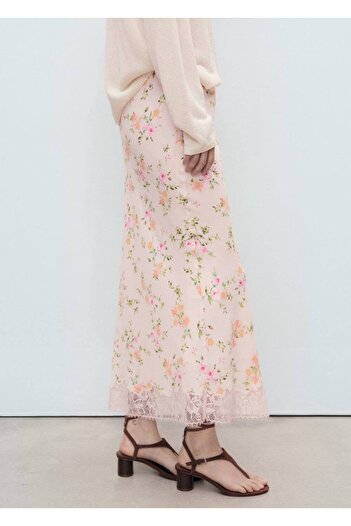 MANGO Woman Floral Patterned Skirt with Lace Details