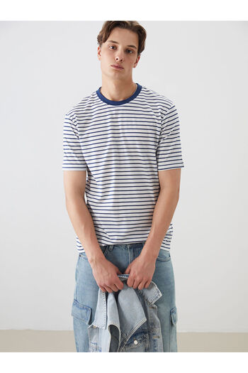 LC Waikiki Ανδρικό μπλουζάκι XSIDE Indigo Crew Neck ριγέ χτενισμένο βαμβακερό