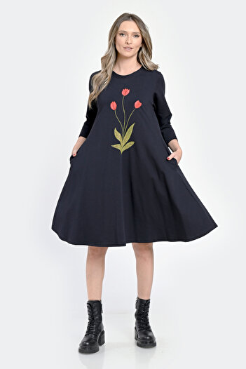 Eranthe Rochie Medie Dama, Ampla, Bleumarin cu pictura realizata manual V304