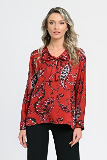 Eranthe Women's Blouse with Thin Bow, Red with Paisley Print