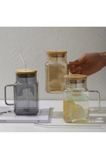 BKC HOME 3-Piece Bamboo Lid, Glass Straw, Mega Size Glass, Mini Size Jug (3Pcs)