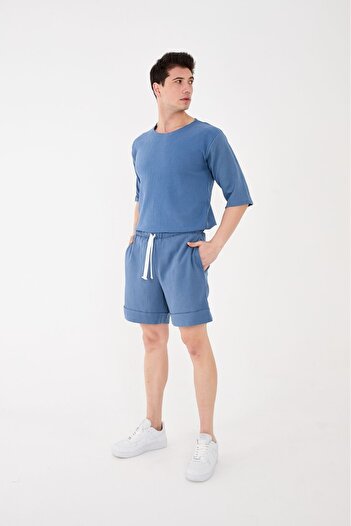 RELAXL 100% Cotton Unisex Oversize Poor Sleeve Basic T-Shirt Indigo Blue