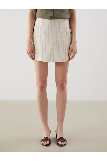LC Waikiki Lcw Eco Brown Women's Shorts Skirt with Zip-Up Waist Striped Linen Blend
