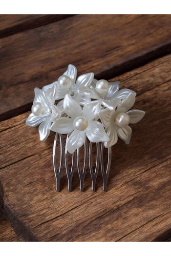 Eva Flore Silver Comb Buckle with White Flowers, Suitable for Bridal/Maternity Hair Accessories and Girls