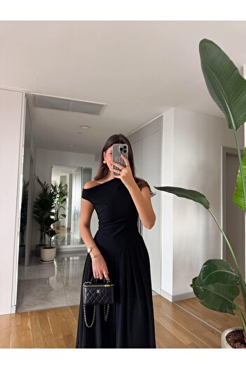 FMN Moda fustă evazată lată, potrivită pentru talie, echivalent cu marca Pinterest, lungime midi, design lung, gât barca, rochie elegantă cu clopot