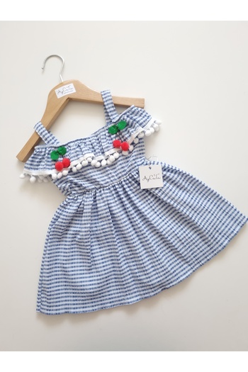 AyCaTa Girl's Cherry Detailed Checkered Blue Luxury Dress