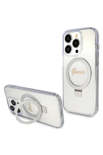 Guess Husa Ring Stand Glitter MagSafe iPhone 15 Pro Transparent