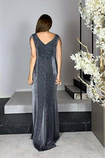 gesmoda G1444 Stone Detailed Glitter Maxi Evening Dress Anthracite