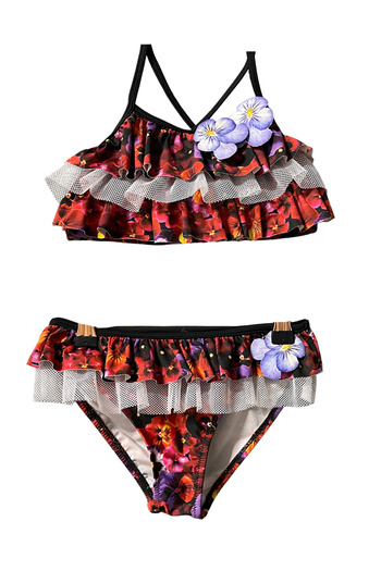 LOOK ME Halter Neckline Multi-Ruffle 3D Flower Detail 50Uv Girls Bikini Set by Nessi Byrd
