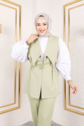Tesettür Dünyası Button Detailed Elastic Waist Vest Suit Tsd250190 Green