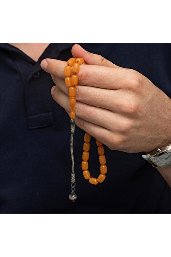 ALYANSEVİM 925 Sterling Silver Kazaz Tassel Capsule Cut Orange Clamping Amber Prayer Beads