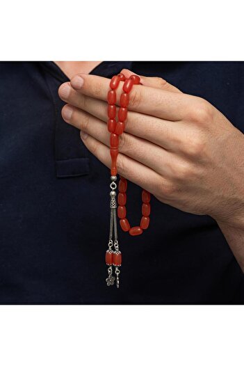 ALYANSEVİM 925 Sterling Silver Kazaz Tassel Capsule Cut Orange Clamping Amber Prayer Beads