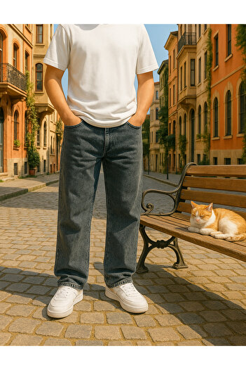 Pobudo Baggy Siyah Renk Rahat Kesim Erkek Jeans Pantolon