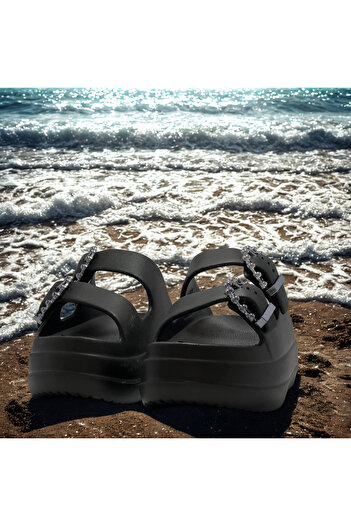 Flexter Women's Black Buckle Comfortable High Sole Slippers - Suitable for Beach and Daily Use
