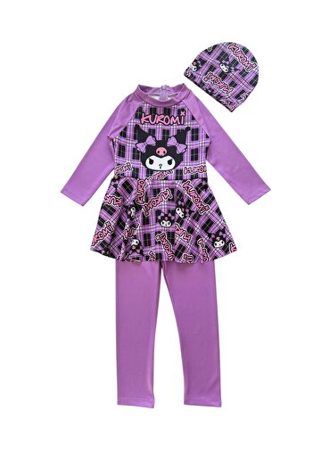 Şekerkids Girl's Purple Color Kuromi Patterned Long Sleeve and Checkered Jumpsuit Swimsuit