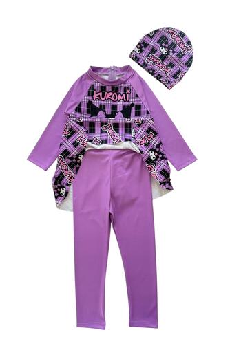 Şekerkids Girl's Purple Color Kuromi Patterned Long Sleeve and Checkered Jumpsuit Swimsuit