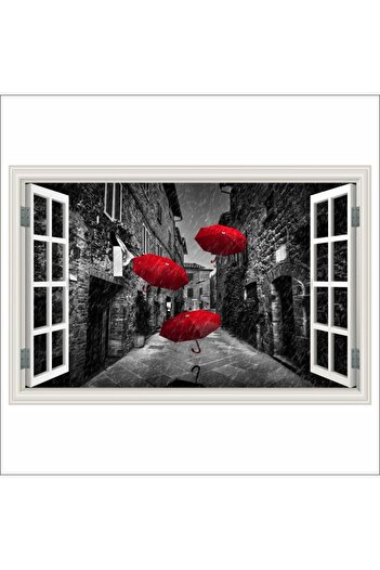 media Photo Wallpaper Window Tuscan Street, Red Umbrellas, Black and White, 200 x 135 cm