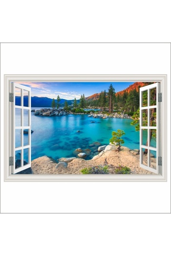 media Self-adhesive photo wallpaper Window Beach on the lake at sunset, 135 x 90 cm