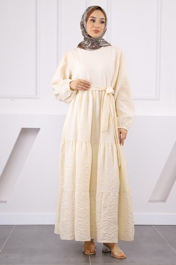 İmajButik Κρεμ φόρεμα με ζωσμένη μέση με βολάν