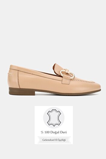 TUNAELLİ Women's Nude Khaki Natural Leather 36-41 Number Buckle Ballet